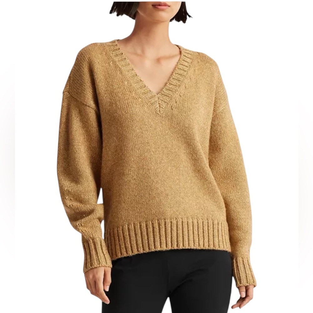 Lauren Ralph Lauren Tan Gold Metallic V Neck Sweater NWT NEW Size XS